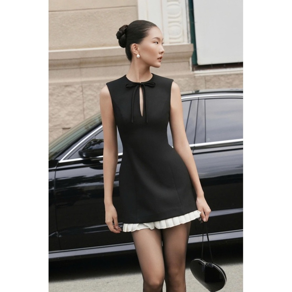 Huong Black Mini Dress with Pleated Hem – Size Medium (NWT)